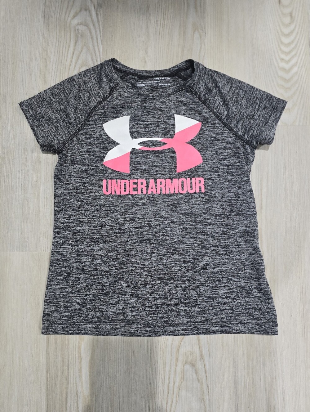 Under Armour Gray Heather Short Sleeve Tee with Pink & White Logo Youth Small